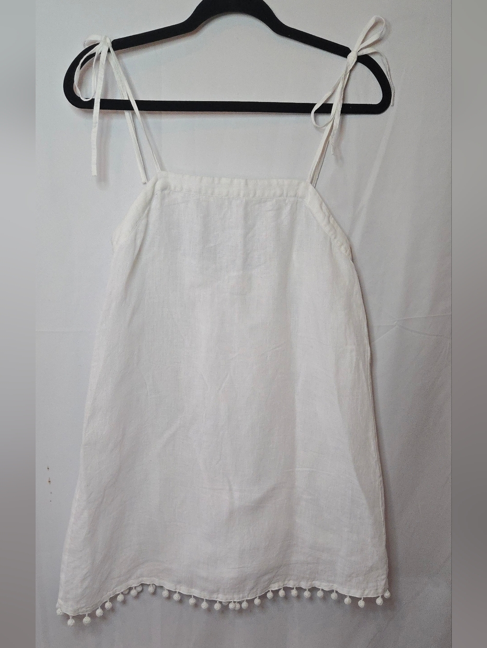 Club Monaco Pallay Pure White Linen Tie-Strap Sundress Pom Pom Hem XS